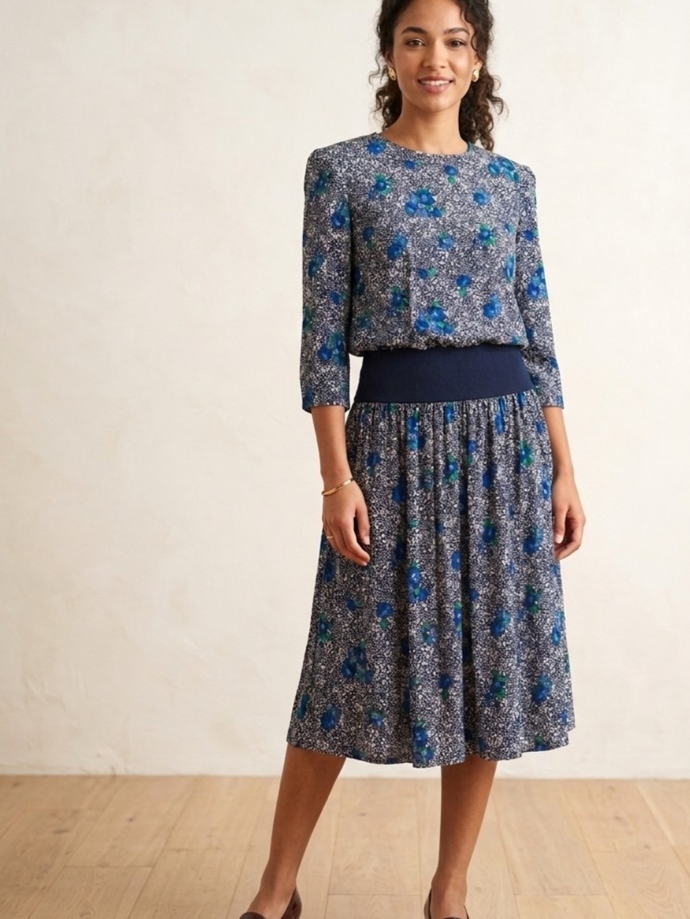 VTG 80s Lady Carol Floral Drop Waist Pleated Midi Dress Shoulder Pads Modest L